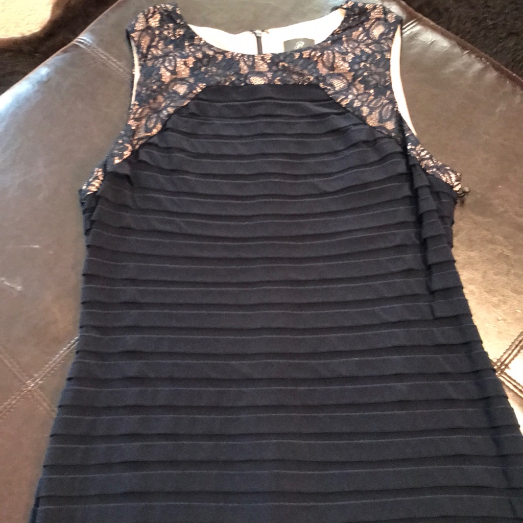 Navy Layered Lace Framed Neckline Dress
